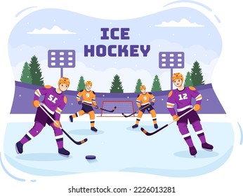 Eishockeyspieler Sport mit Helmet, Stick, Puck und Skates in Eisfläche für Spiel oder Meisterschaft in flach kartoon handgezeichnete Vorlagen Illustration