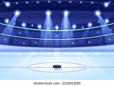 Ice Hockey Player Sport with Helmet, Stick, Puck and Skates in Ice Surface for Game or Championship in Flat Cartoon Hand Drawn Templates Illustration