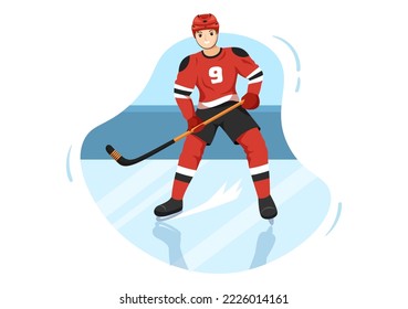 Ice Hockey Player Sport with Helmet, Stick, Puck and Skates in Ice Surface for Game or Championship in Flat Cartoon Hand Drawn Templates Illustration