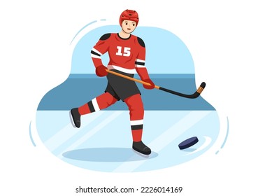Ice Hockey Player Sport with Helmet, Stick, Puck and Skates in Ice Surface for Game or Championship in Flat Cartoon Hand Drawn Templates Illustration