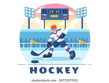 Ice Hockey Player Sport Vector Illustration featuring a Helmet, Stick, Puck, and Skates on an Ice Surface for Game or Championship in a Flat Cartoon