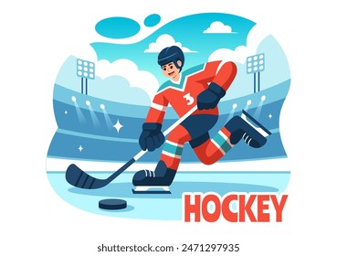 Eishockeyspieler-Sport-Vektorillustration mit Helm, Stock, Puck und Schlittschuhen auf einer Eisfläche für Spiel oder Meisterschaft in einem flachen Cartoon