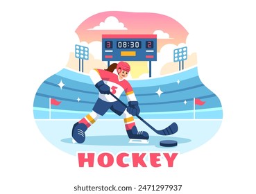 Eishockeyspieler-Sport-Vektorillustration mit Helm, Stock, Puck und Schlittschuhen auf einer Eisfläche für Spiel oder Meisterschaft in einem flachen Cartoon