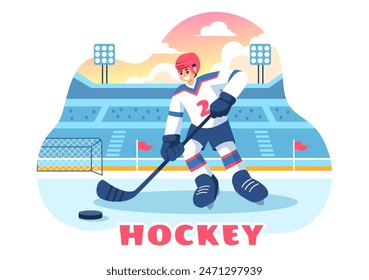 Ice Hockey Player Sport Vector Illustration featuring a Helmet, Stick, Puck, and Skates on an Ice Surface for Game or Championship in a Flat Cartoon