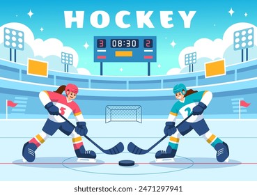 Eishockeyspieler-Sport-Vektorillustration mit Helm, Stock, Puck und Schlittschuhen auf einer Eisfläche für Spiel oder Meisterschaft in einem flachen Cartoon