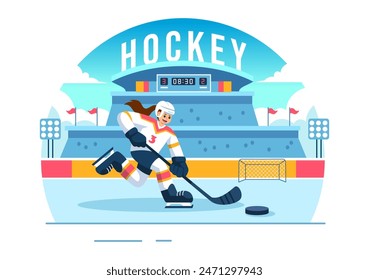 Ice Hockey Player Sport Vector Illustration featuring a Helmet, Stick, Puck, and Skates on an Ice Surface for Game or Championship in a Flat Cartoon