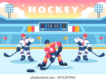 Ice Hockey Player Sport Vector Illustration featuring a Helmet, Stick, Puck, and Skates on an Ice Surface for Game or Championship in a Flat Cartoon