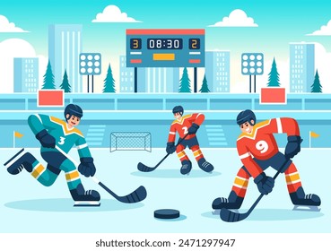 Eishockeyspieler-Sport-Vektorillustration mit Helm, Stock, Puck und Schlittschuhen auf einer Eisfläche für Spiel oder Meisterschaft in einem flachen Cartoon