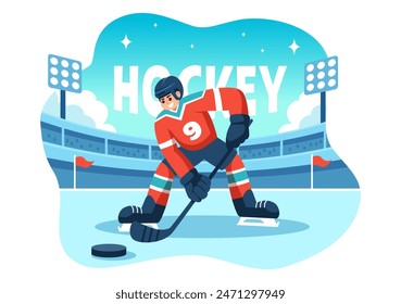 Eishockeyspieler-Sport-Vektorillustration mit Helm, Stock, Puck und Schlittschuhen auf einer Eisfläche für Spiel oder Meisterschaft in einem flachen Cartoon