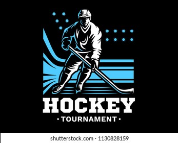 Ice hockey player at the stadium - emblem design, illustration on a black background