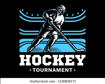 Ice hockey player at the stadium - emblem design, illustration on a black background