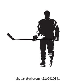 Ice hockey player standing, isolated vector silhouette, ink drawing. Ice hockey logo. Front view