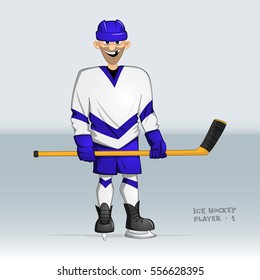 ice hockey player standing smiling without one tooth with stick in his hands 