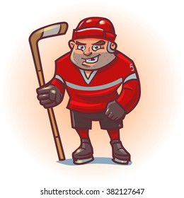 ice hockey player with hockey stick, cartoon character, without tooth, funny, vector illustration