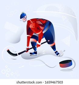 Ice hockey player with stick and puck flat vector illustration. Adult young man in red and blue uniform holding hockey stick. Professional sportsman, team member in protective gear. The hockey player