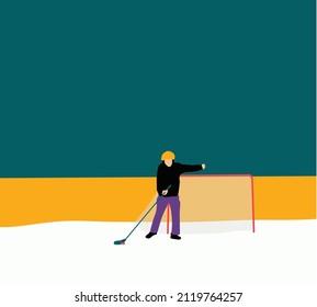 Ice hockey player with stick. Winter team sport. Young ice hockey player in action. Flat vector illustration