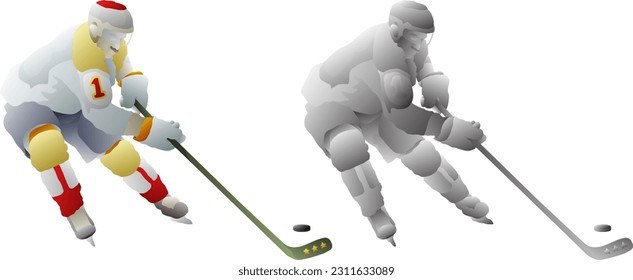 Ice hockey player strike a hockey puck, isolated against white. 3D vector illustration.