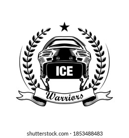 Ice hockey player symbol vector illustration. Helmet in laurel wreath with ice warrior text. Sport or team concept for emblems and labels templates
