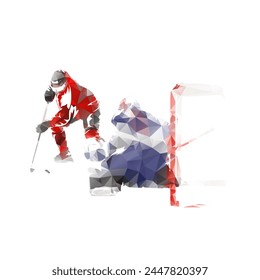 Ice hockey, hockey player tries to beat goalie. Isolated low poly vector, winter team sport