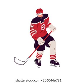 Ice hockey player in uniform skating with stick on rink. Professional sportsman of winter sport game in safety helmet plays in competition, match. Flat isolated vector illustration on white background