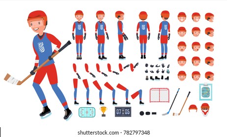 Ice Hockey Player Vector. Animated Character Creation Set. Ice Hockey Tools And Equipment. Full Length, Front, Side, Back View, Accessories, Poses, Face Emotions. Isolated Flat Cartoon Illustration