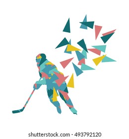 Ice hockey player vector background abstract concept made of polygon fragments isolated on white