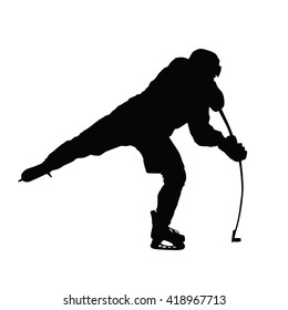 Ice hockey player vector silhouette. Hockey player shoots the puck on goal, isolated silhouette. Shooting hockey player