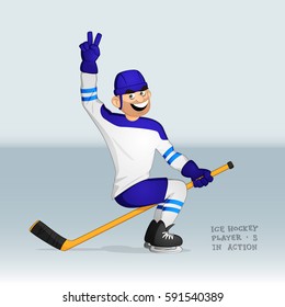 ice hockey player in white and blue uniform riding the stick with hand up showing victory sign