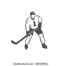 Ice Hockey player. Winter sports. Retro logo design. Old school sport logotype. Monochrome badges.