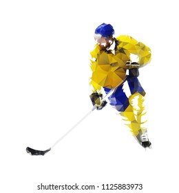 Jugador de hockey sobre hielo en camiseta amarilla, bajo polo aislado ilustración vectorial. Deporte de equipo de invierno