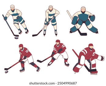 Ice hockey players. Athletes in uniform, dynamic poses, team sports on ice, winter game, clubs and pucks, goalkeepers, defenders and forwards, cartoon flat style isolated vector set