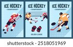 Ice hockey players cards. Sport games championship invitation. Professional athletes in uniform with clubs and pucks. Sportsman skating at rink. Goalkeepers gate. Garish