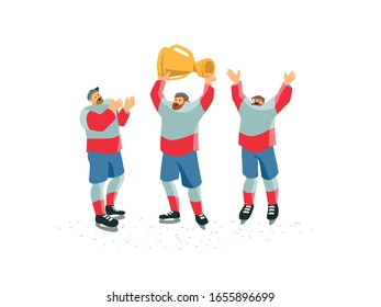 Ice hockey players celebrate the victory. Team holding trophy above their heads. Cartoon characters with a cup. Winter game sport vector flat isolated illustration.