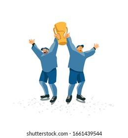 Ice hockey players celebrate the victory. Two players holding trophy above their heads. Sportsmans with cup. Hand drawn isolated vector illustration.