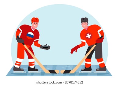 Eishockeyspieler. Wettbewerb zwischen Russland und der Schweiz. Vektorgrafik im Flachstil.