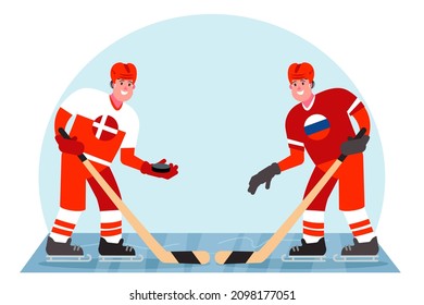 Ice hockey players. Competition between Denmark and Russia. Vector illustration in a flat style.
