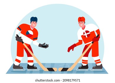 Eishockeyspieler. Wettbewerb zwischen der Tschechischen Republik und Dänemark. Vektorgrafik im Flachstil.