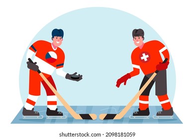 Ice hockey players. Competition between the Czech Republic and Switzerland. Vector illustration in a flat style.