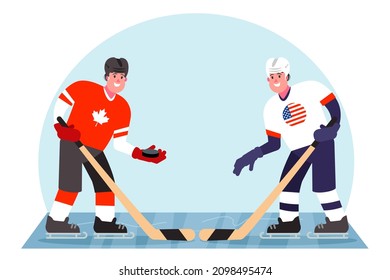 Ice hockey players. Competition between Canada and the USA. Vector illustration in a flat style.