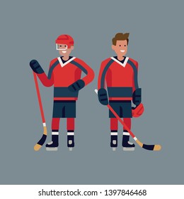 Ice hockey players flat character design. Portrait of two cheerful hockey players standing holding hockey sticks, wearing team uniform jerseys and skates, full length 