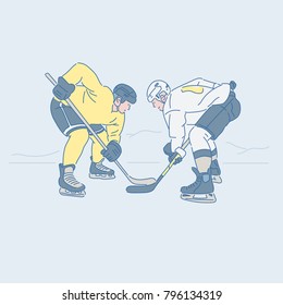 Ice Hockey Players Playing Hand Drawn Style Vector Doodle Design Illustrations.