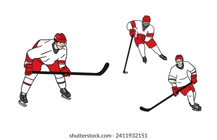 Ice hockey players in red uniforms. This is a hand-drawn illustration.