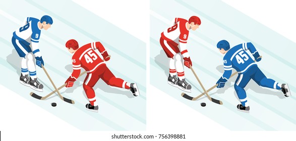 Ice hockey players in red and white blue uniform are fighting for the puck during the match. Isometric vector illustration.