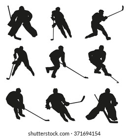 Ice hockey players silhouettes set. Big collection of hockey players