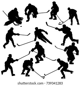 Ice hockey players silhouettes set. Big collection of hockey players