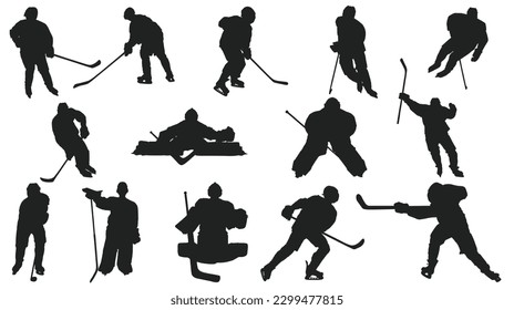 Eishockeyspieler silhouettes Vektorset Eishockey-Spieler in Aktion mit Ball