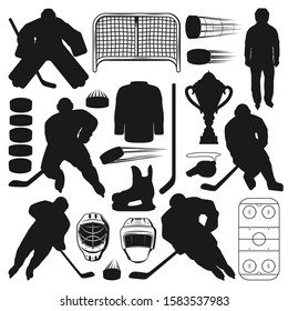 Ice hockey players and sport equipment isolated silhouettes. Vector winter sport game symbols, sticks and pucks, referee and gates. Male on skates, uniform helmets and trophy cup, goalkeeper