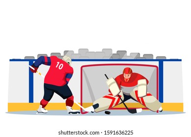 Ice hockey players in uniform and helmet on stadium rink flat cartoon. Male goalkeeper and striker. Net, club and puck equipment. Team game. Winter sport. Championship match. Vector illustration