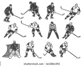 Ice hockey players , vector characters. Ice hockey referee and goalkeeper, forward, winger and defender with puck and stick in motion