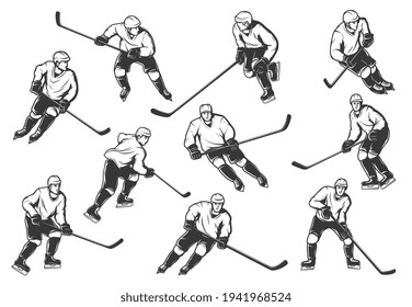 Ice hockey players vector monochrome sport team wear uniform and helmet with sticks in motion. Championship, hockey club competition, isolated male sportsmen characters, professional hockey equipment